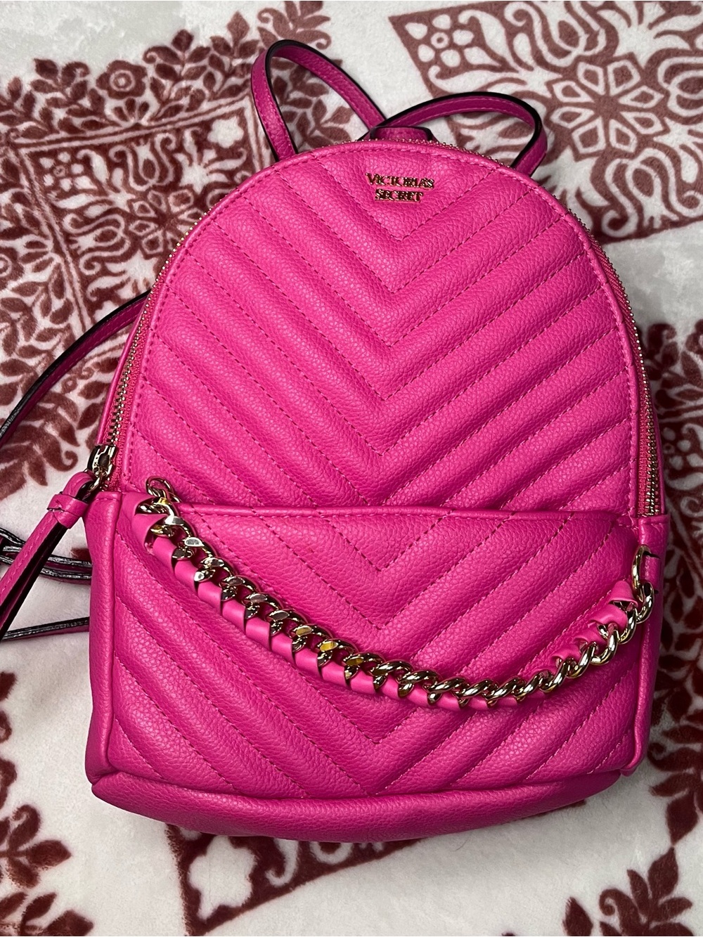 Victoria's Secret Hot Pink Quilted Mini Backpack with Gold Chain
